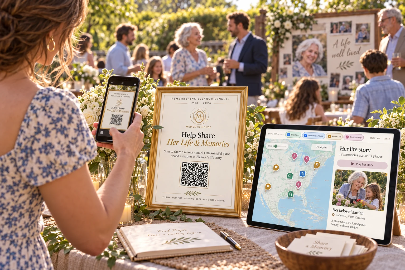 Family and friends sharing memories through a Celebration of Life Memento Map