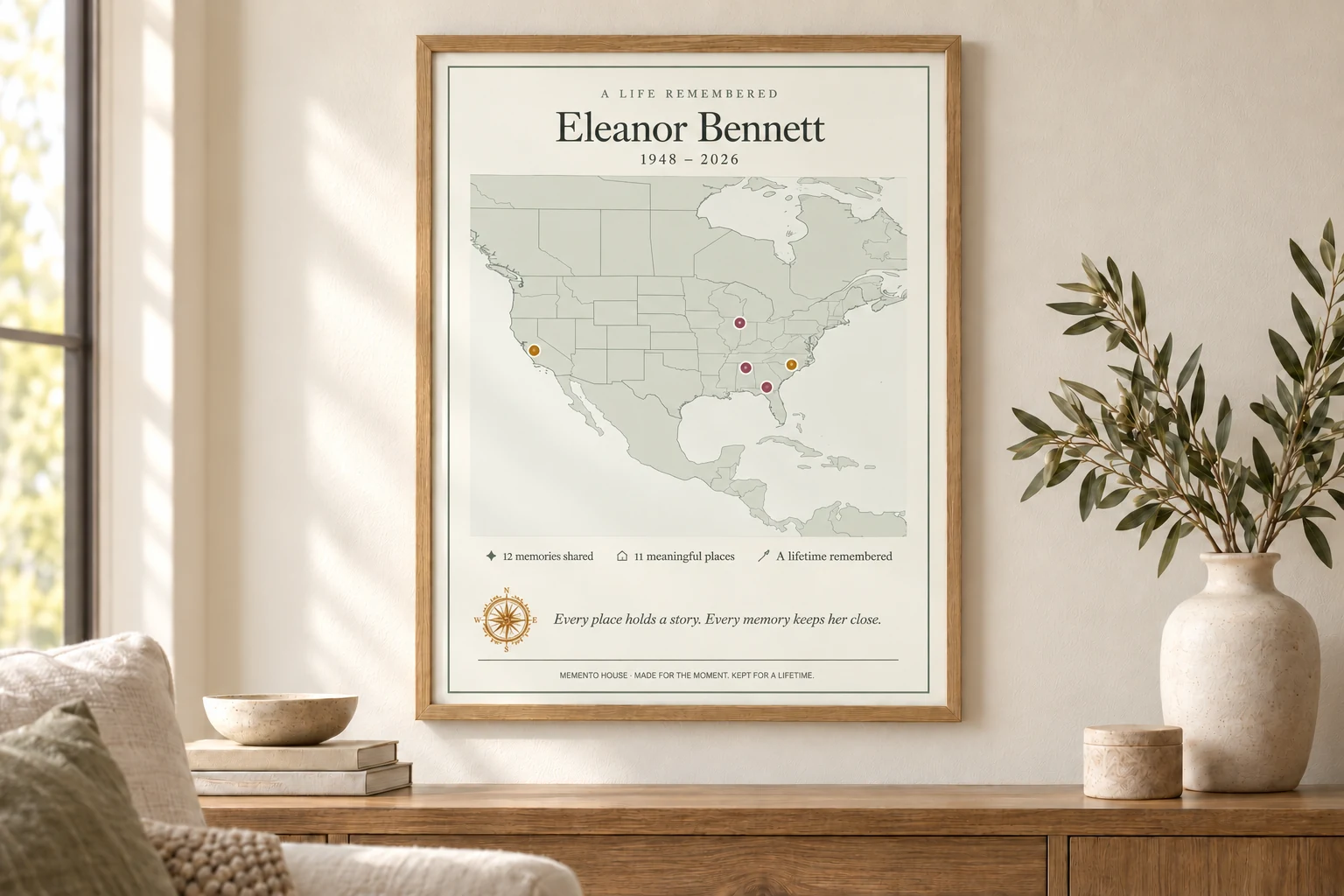 A warm framed memorial map preserving the meaningful places and chapters of a life