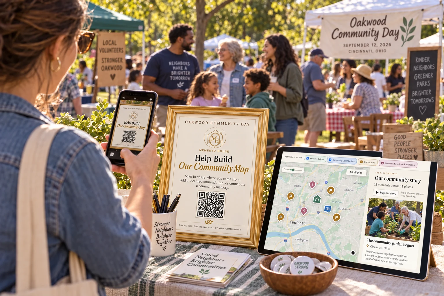 Community event attendees scanning a Memento House QR sign beside a community map