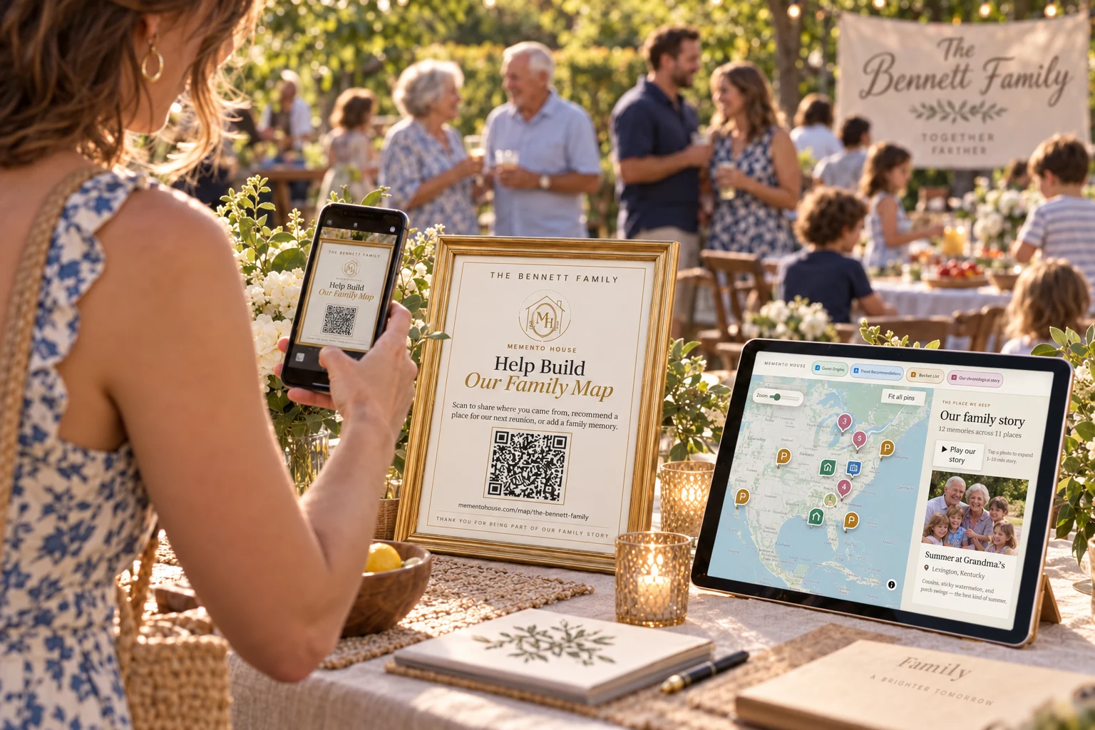 Several generations sharing family origins and memories through a Memento House QR sign and map