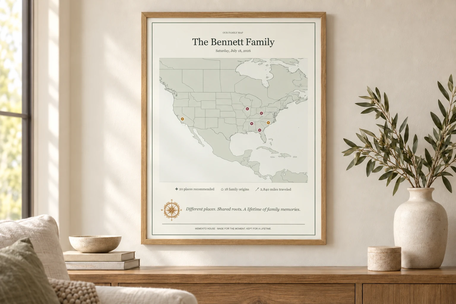 A framed Family Reunion Memento Map displayed in a family home