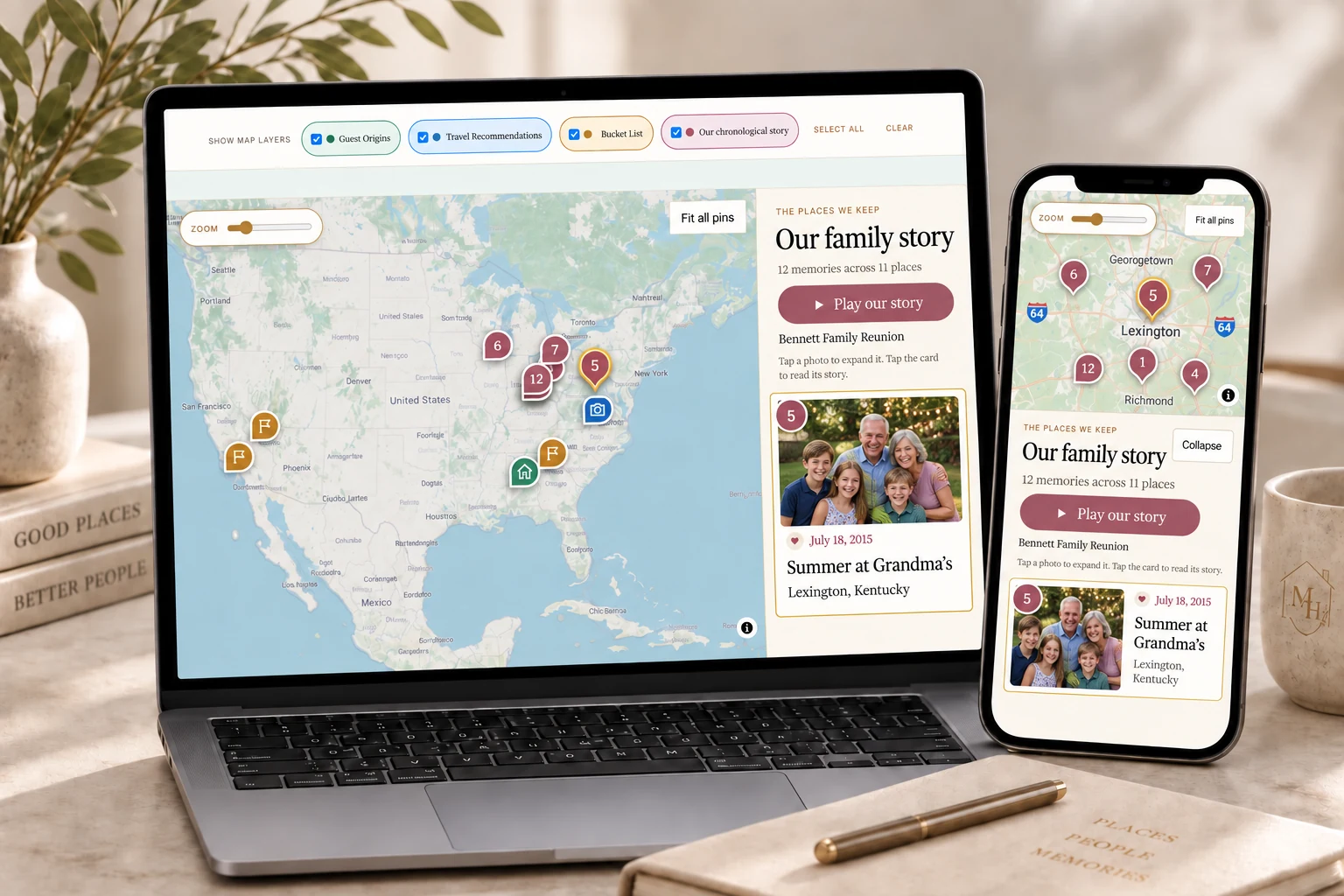 Family Reunion Memento Map showing family origins, homes, reunion cities, trips, and family history
