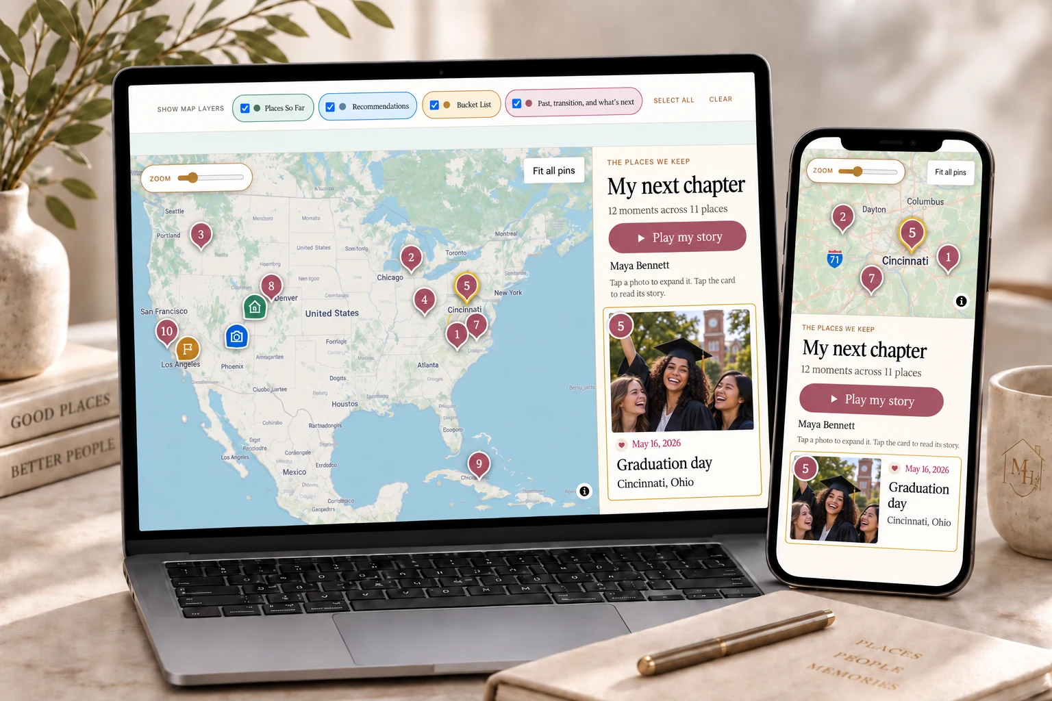 Next Chapter Memento Map balancing past memories with restaurants, destinations, and future ideas