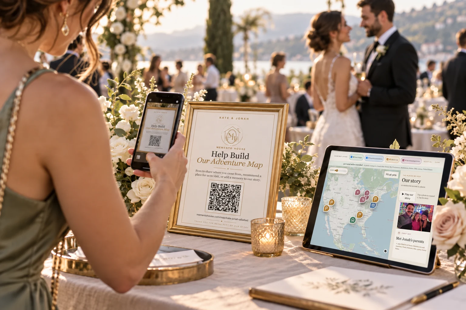 A wedding guest scanning the couple's Memento House QR sign beside their interactive map