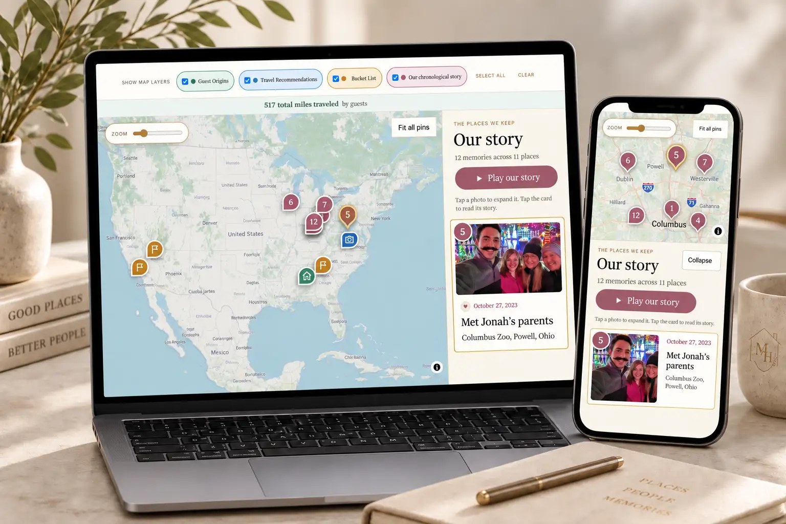 Memento Map on a laptop and phone showing memories and contributed places
